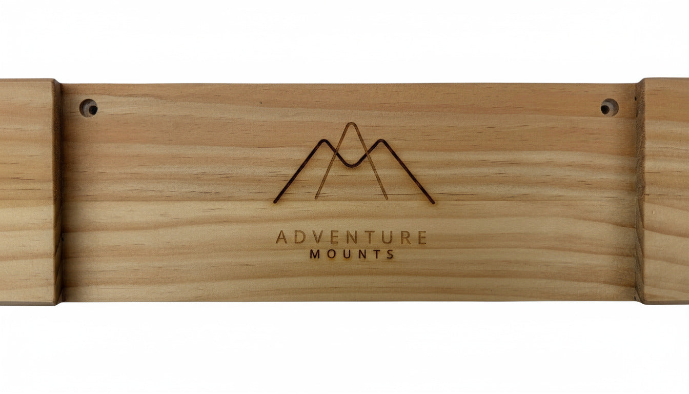 Close up of the wood and Clear coat on the Powder Chaser premium minimalist wood snowboard mount product by Adventure Mounts.