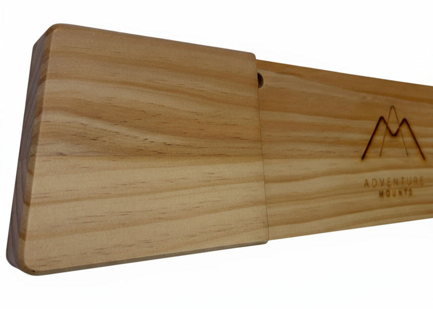 Close up of the bezel edge and clear coat on the Powder Chaser premium wood snowboard mount product by Adventure Mounts.