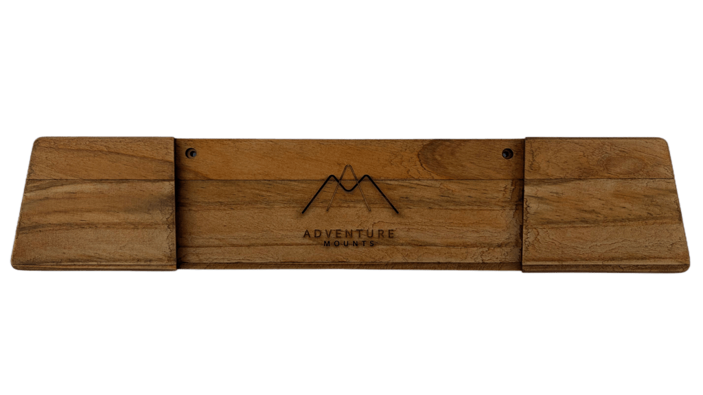 Showing the raw wood and Trailwood stain on the full Powder Chaser premium wood snowboard mount product by Adventure Mounts.