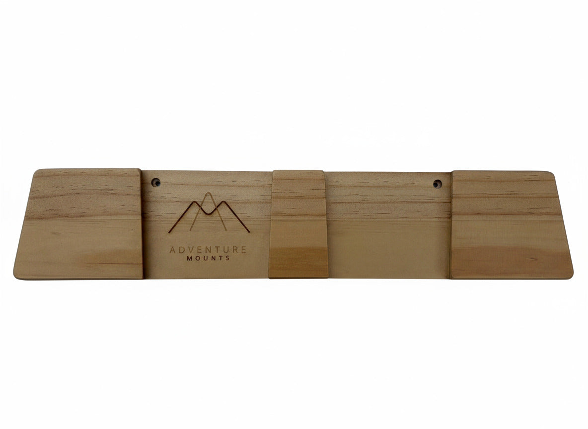 Picture showing the nice wood and Clear coat on the full Vert Chaser premium wood ski mount product by Adventure Mounts.