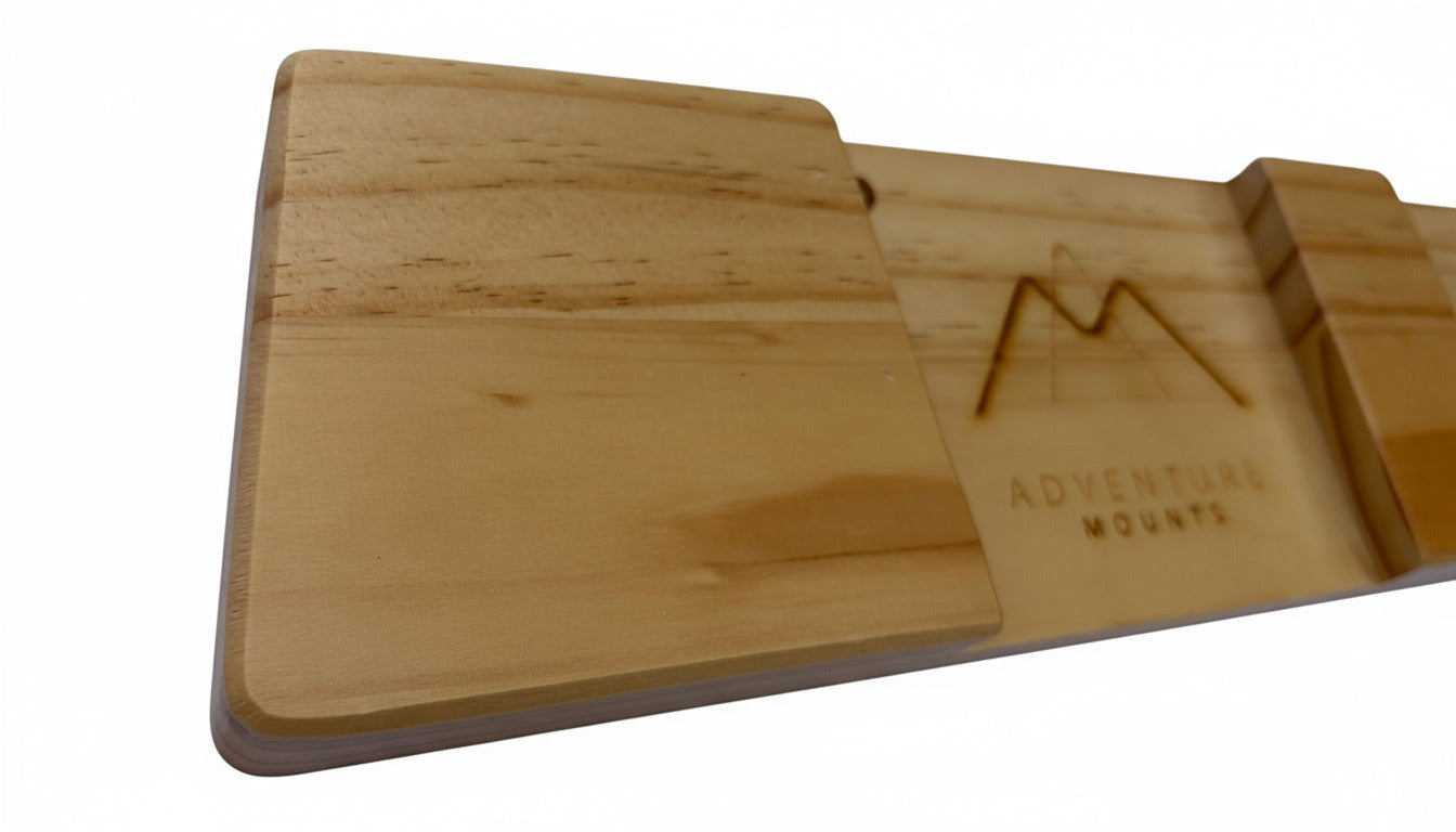 Close up showing the bezel edge and Clear coat on the Vert Chaser premium wood ski mount product by Adventure Mounts.