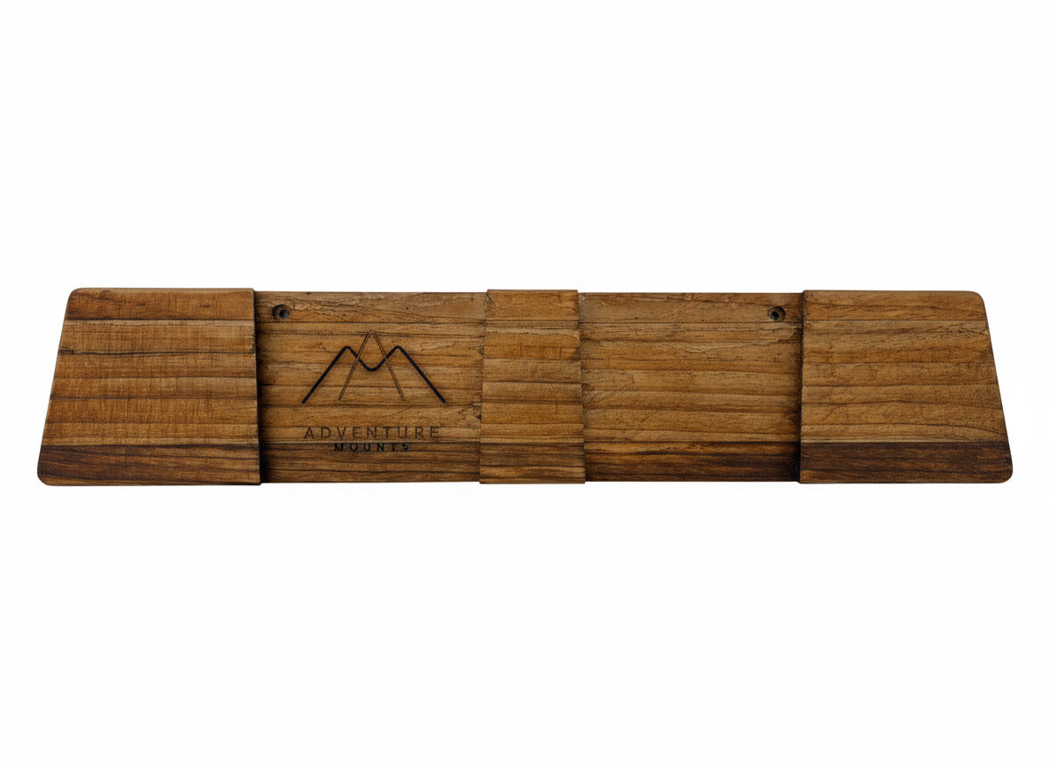 Picture showing the raw wood and Trailwood stain on the full Vert Chaser premium wood ski mount product by Adventure Mounts.