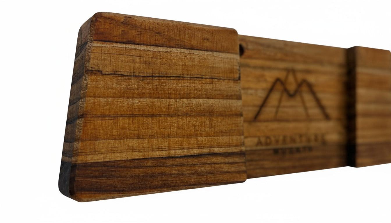 Close up showing the bezel edge and Trailwood stain on the Vert Chaser premium wood ski mount product by Adventure Mounts.